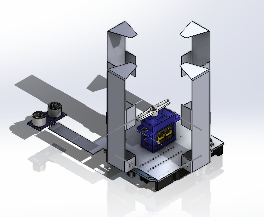 SolidWorks assembly render of the claw mechanism, isometric view, showing the servo motor, ultrasonic sensor, and sheet metal frame legs.