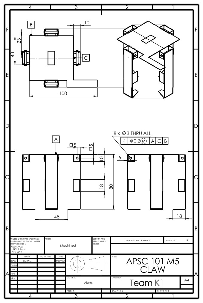 Engineering drawing of the claw frame legs, dimensioned in millimeters, with hole callouts and position tolerance for the leg assembly.