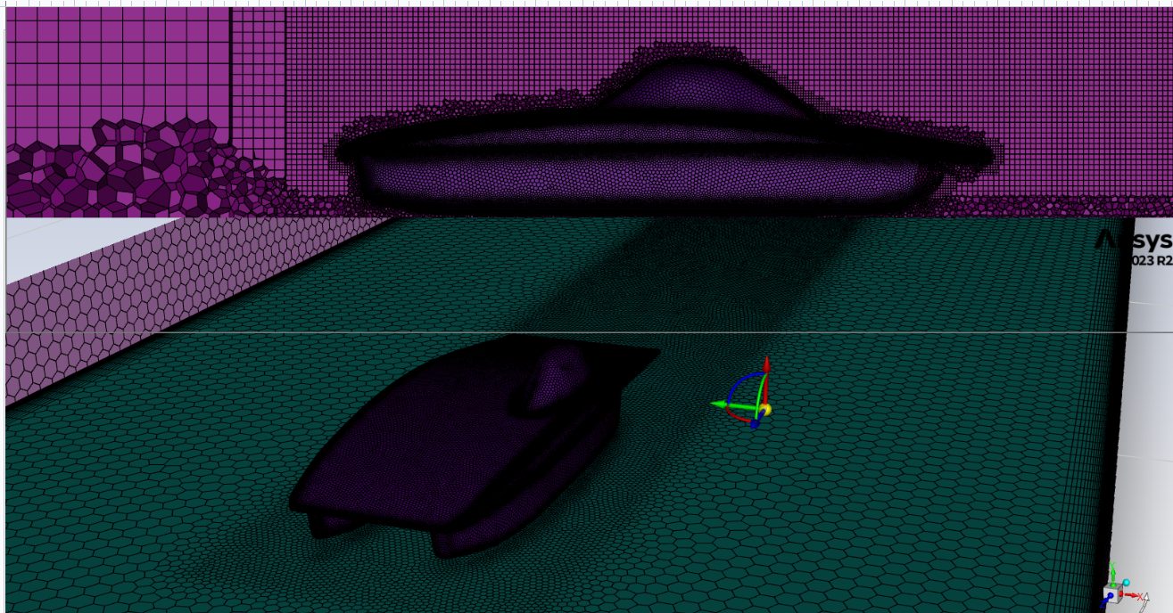 Volume mesh around the UBC Solar catamaran body and canopy in ANSYS Fluent.